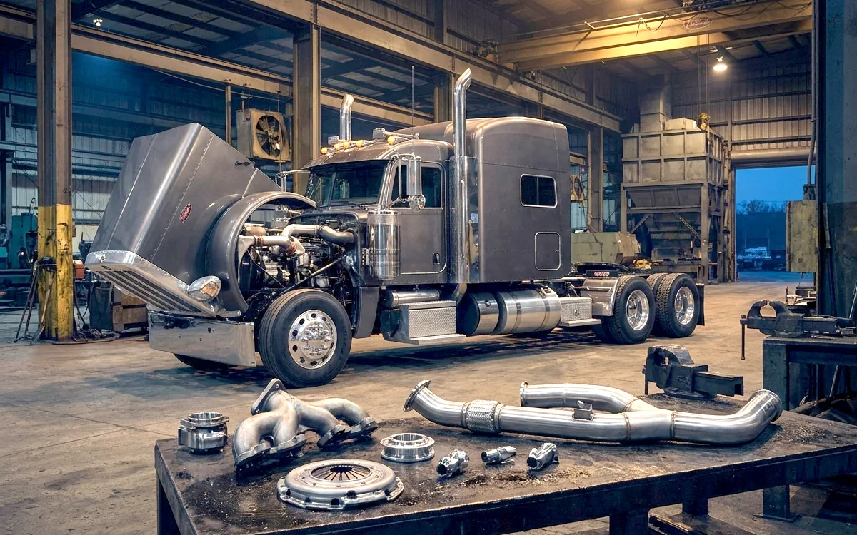 Peterbilt with the hood up and exhaust and emissions components laid out on the shop bench