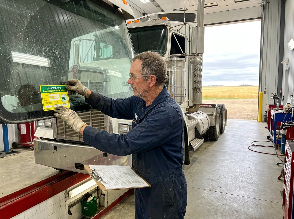 Technician applying a Saskatchewan Commercial Vehicle Safety sticker to a Kenworth